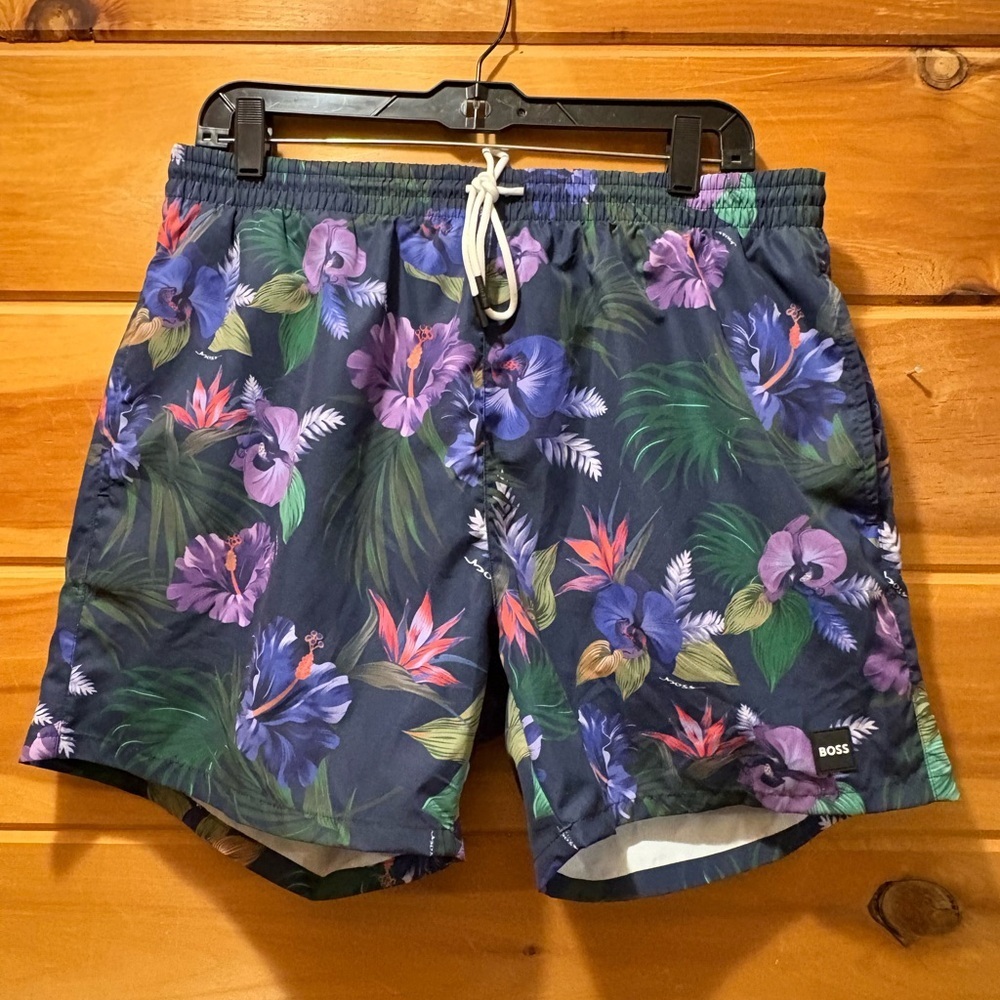 Boss Navy Floral Swim Trunks with Purple & Pink Accents size XL NWT